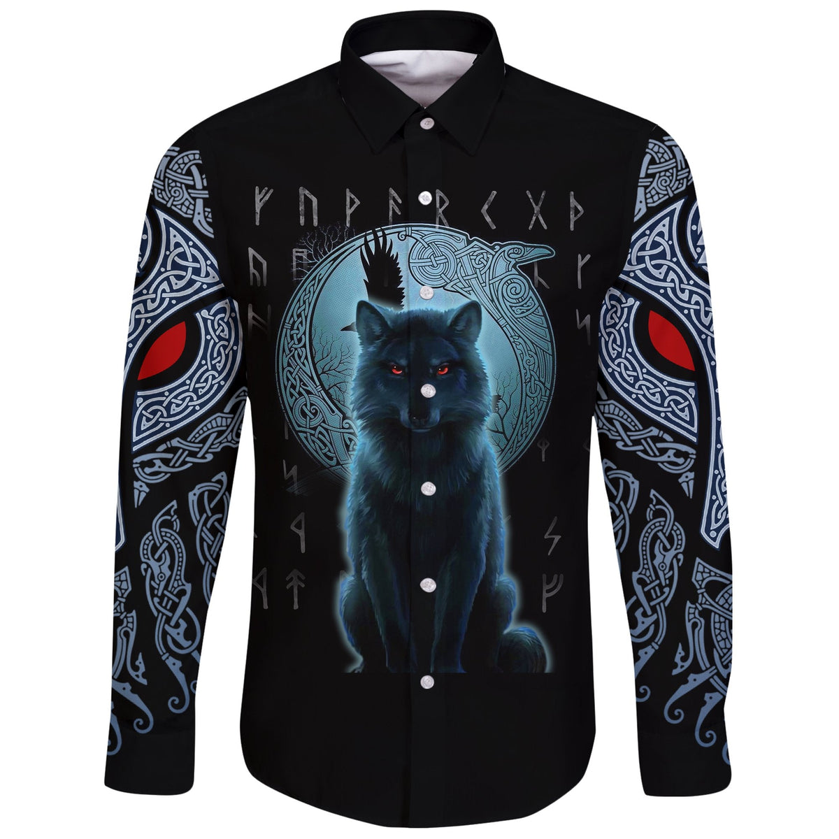 Viking Long Sleeve Button Shirt, Fenrir Viking Wolf and Moon RLT12 - Wonder Print Shop