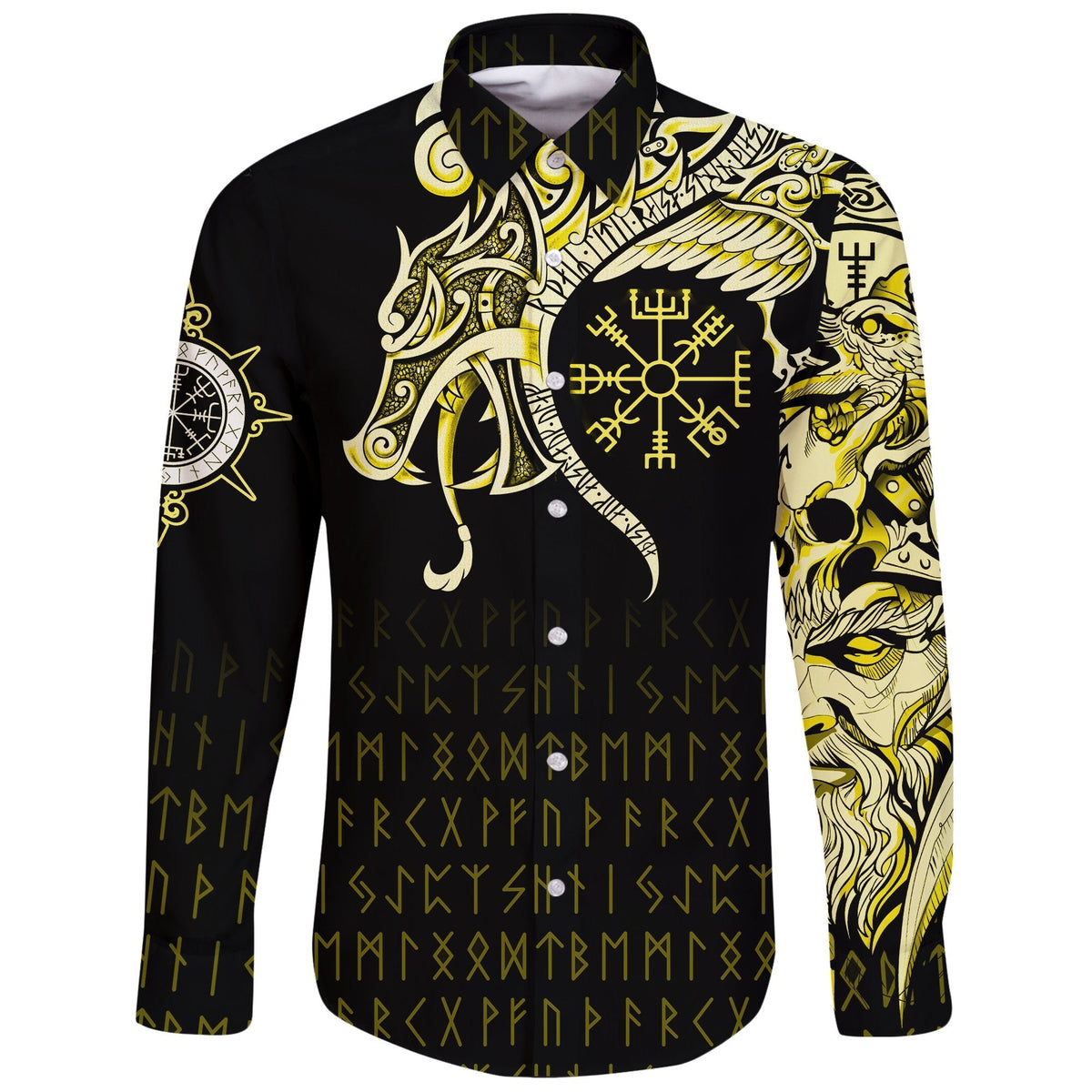 Viking Long Sleeve Button Shirt, Fenrir Raven and Vegvisir Tattoo Yellow RLT12 - Wonder Print Shop