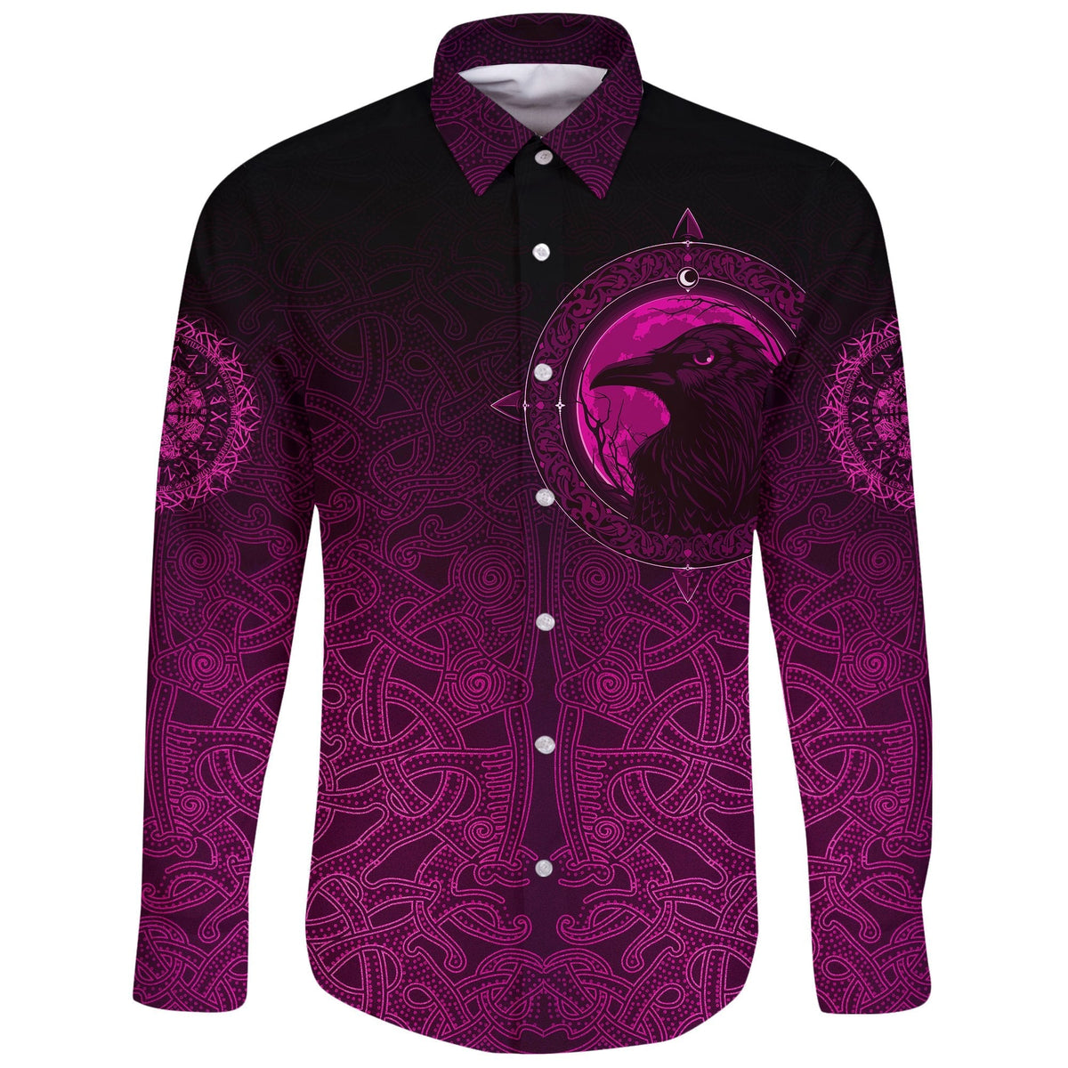 Viking Long Sleeve Button Shirt, Ethnic Odin Raven Pink RLT12 - Wonder Print Shop