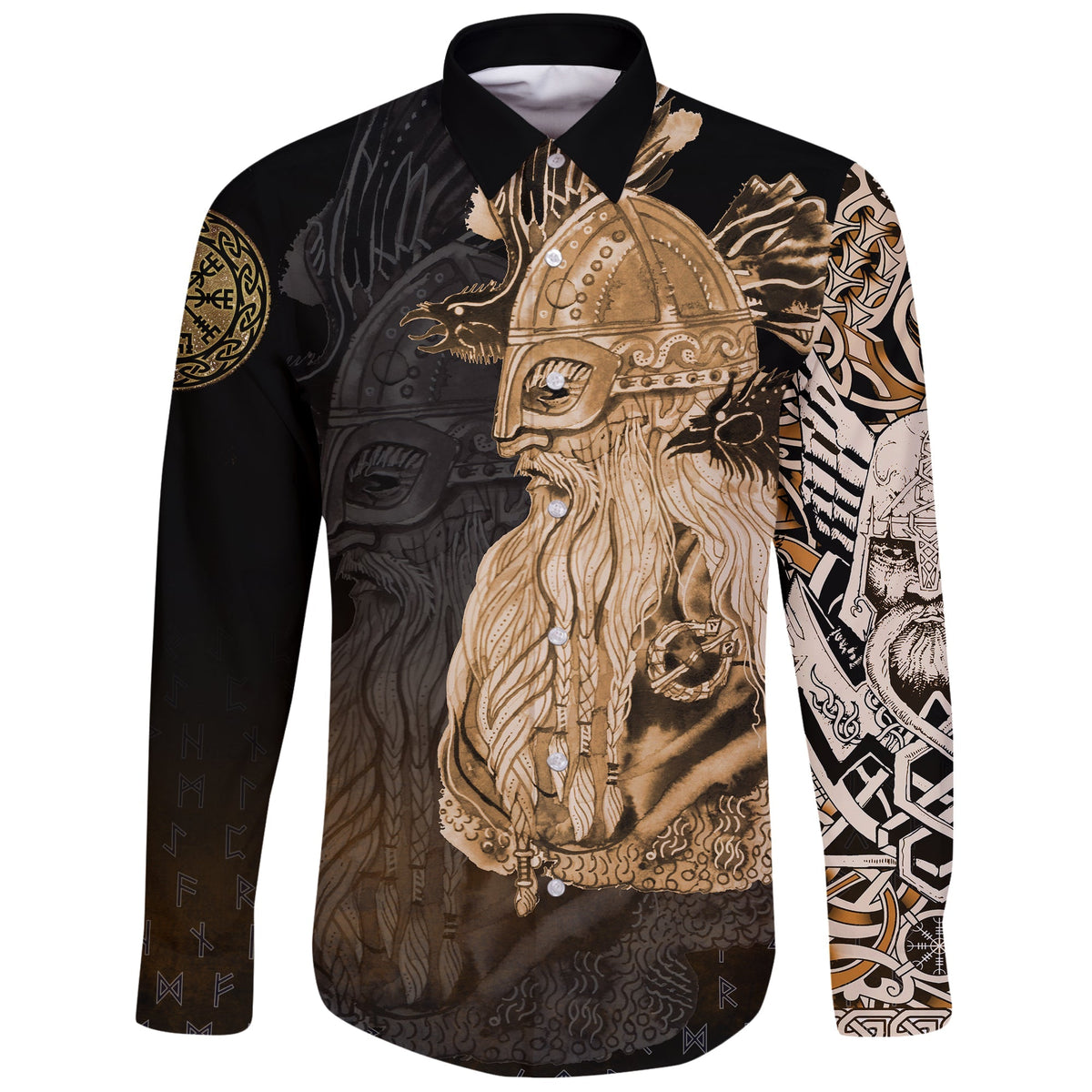 Viking Long Sleeve Button Shirt Odin Raven Viking Gold RLT12 - Wonder Print Shop