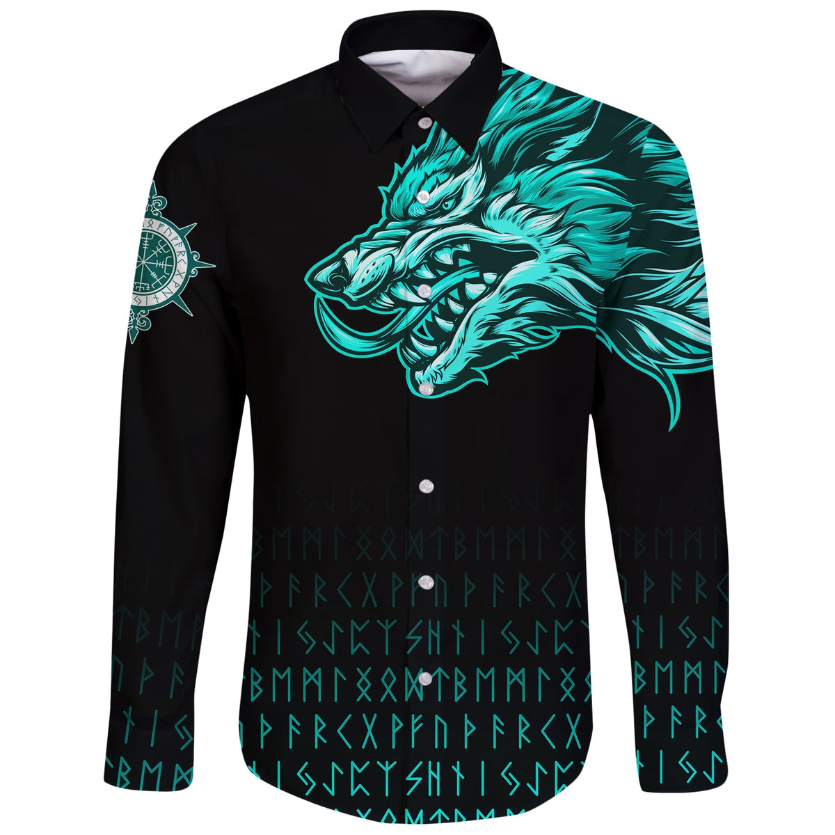 Viking Long Sleeve Button Shirt Fenrir Wolf Cyan Near Shoulder RLT12 - Wonder Print Shop