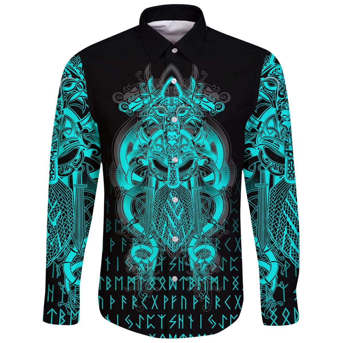 Viking Tyr Tattoo Cyan Long Sleeve Button Shirt RLT12 - Wonder Print Shop