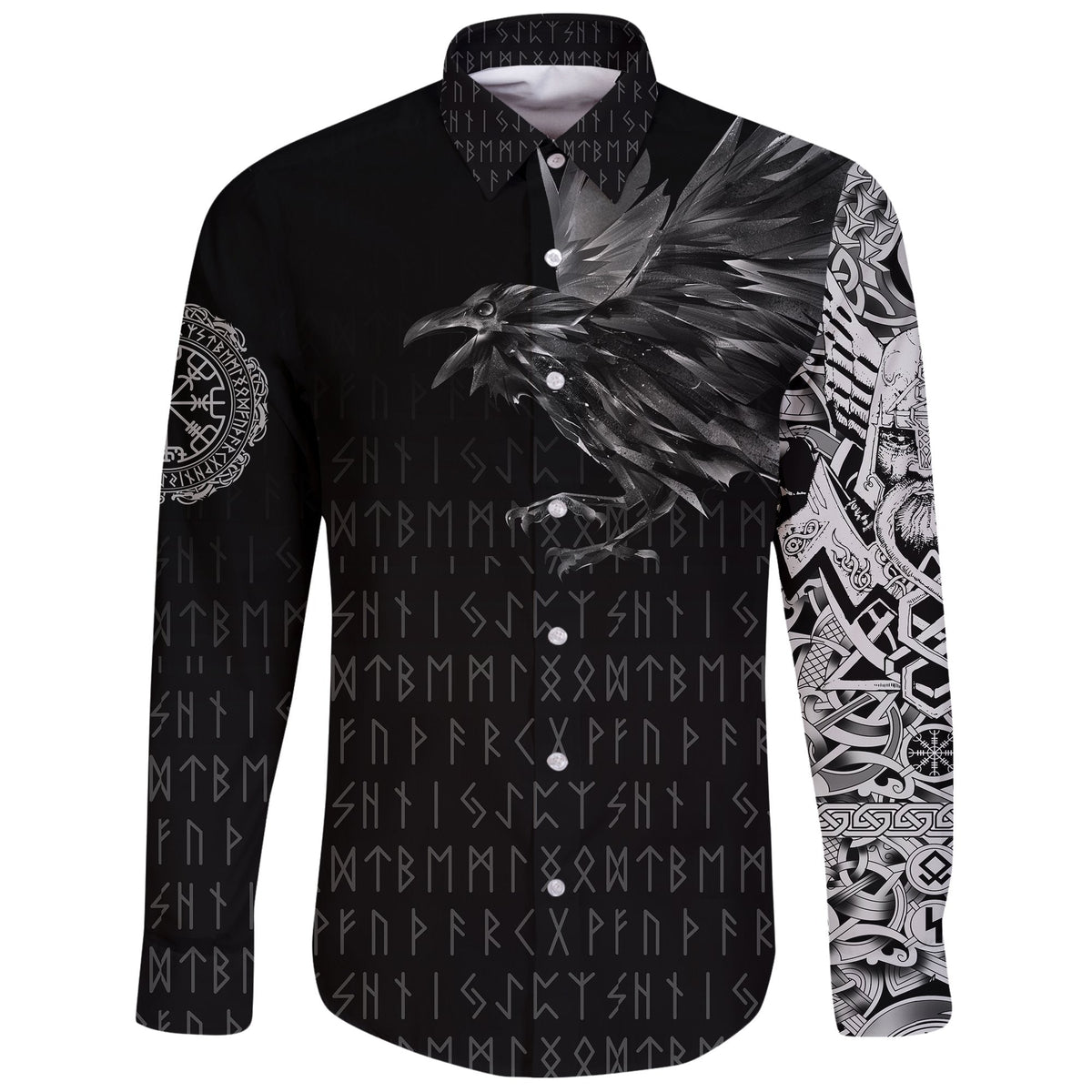 Viking Long Sleeve Button Shirt The Raven Of Odin Rune RLT12 - Wonder Print Shop