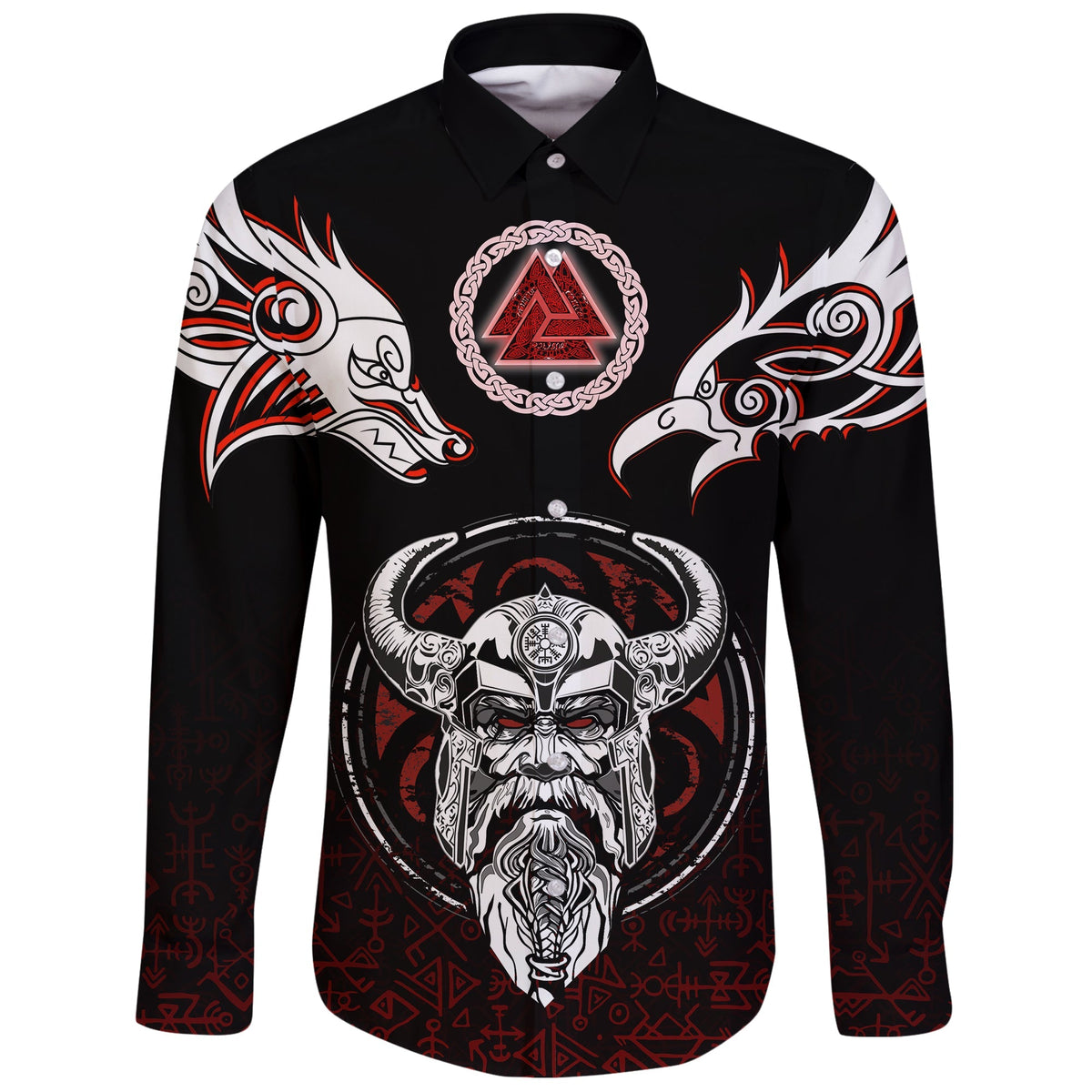 Viking Long Sleeve Button Shirt Odin, Raven, Fenrir and Valknut RLT12 - Wonder Print Shop