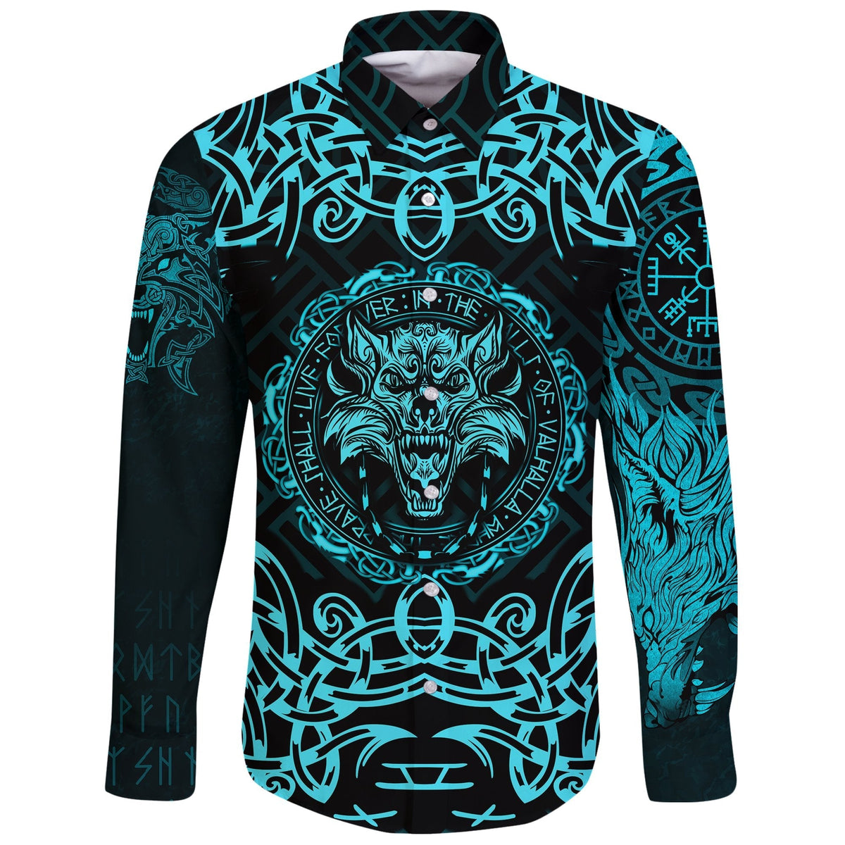 Viking Long Sleeve Button Shirt Fenrir Viking Cyan 3D RLT12 - Wonder Print Shop
