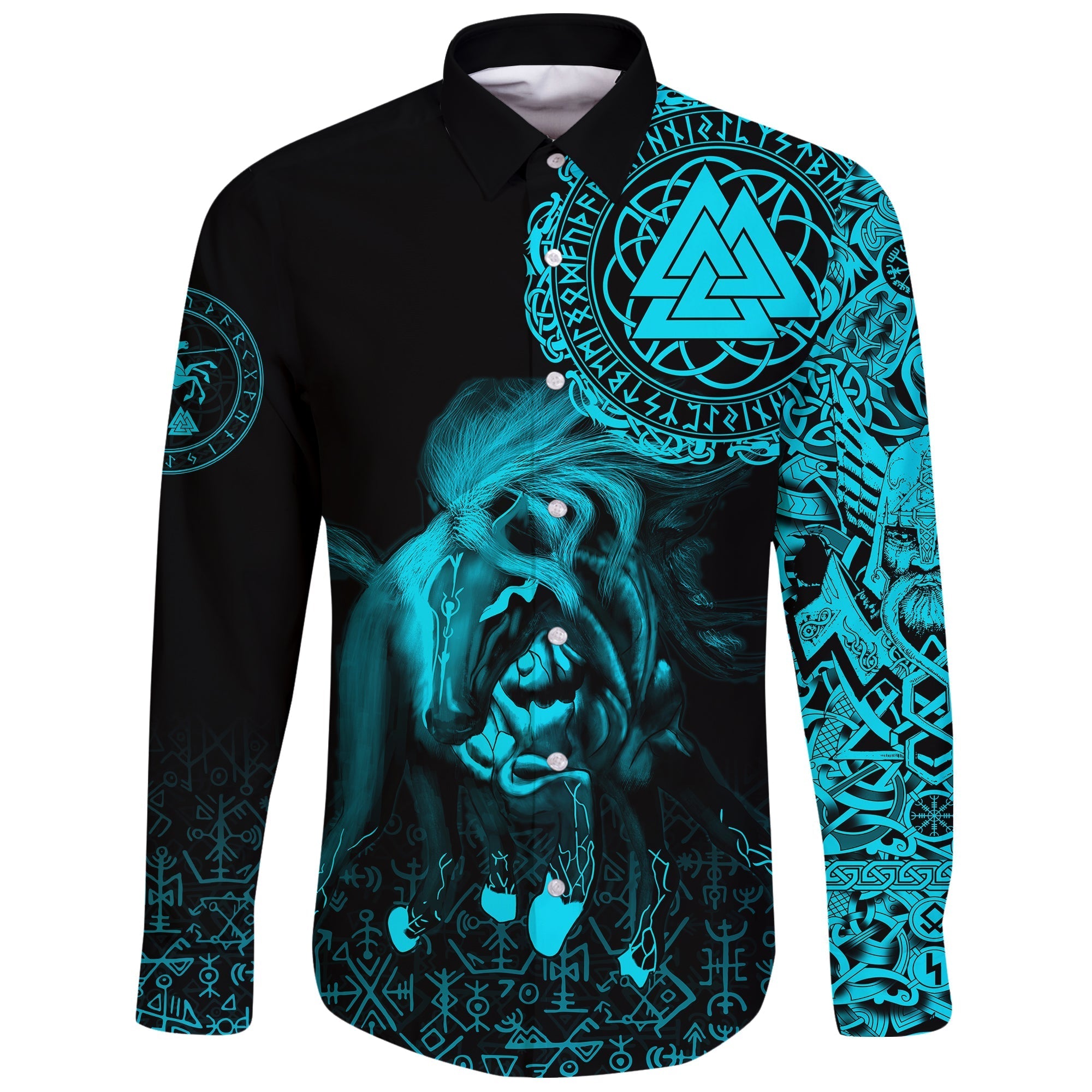 Viking Long Sleeve Button Shirt Sleipnir Odin Cyan RLT12 - Wonder Print Shop
