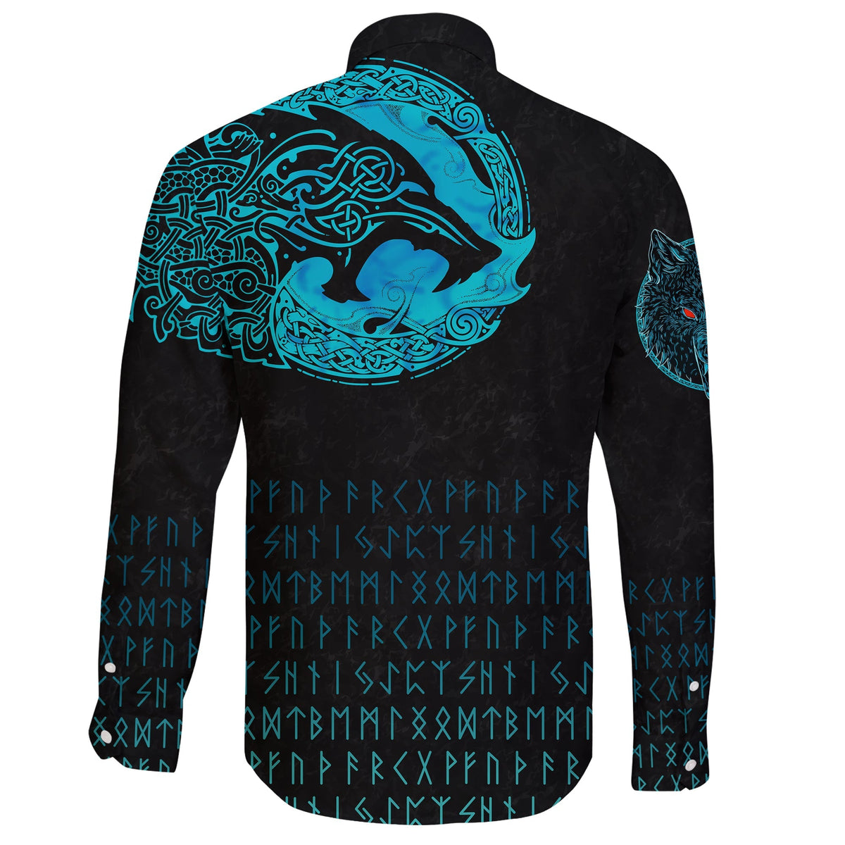 (Custom) Viking Long Sleeve Button Shirt - Fenrir Wolf Cyan RLT12 - Wonder Print Shop