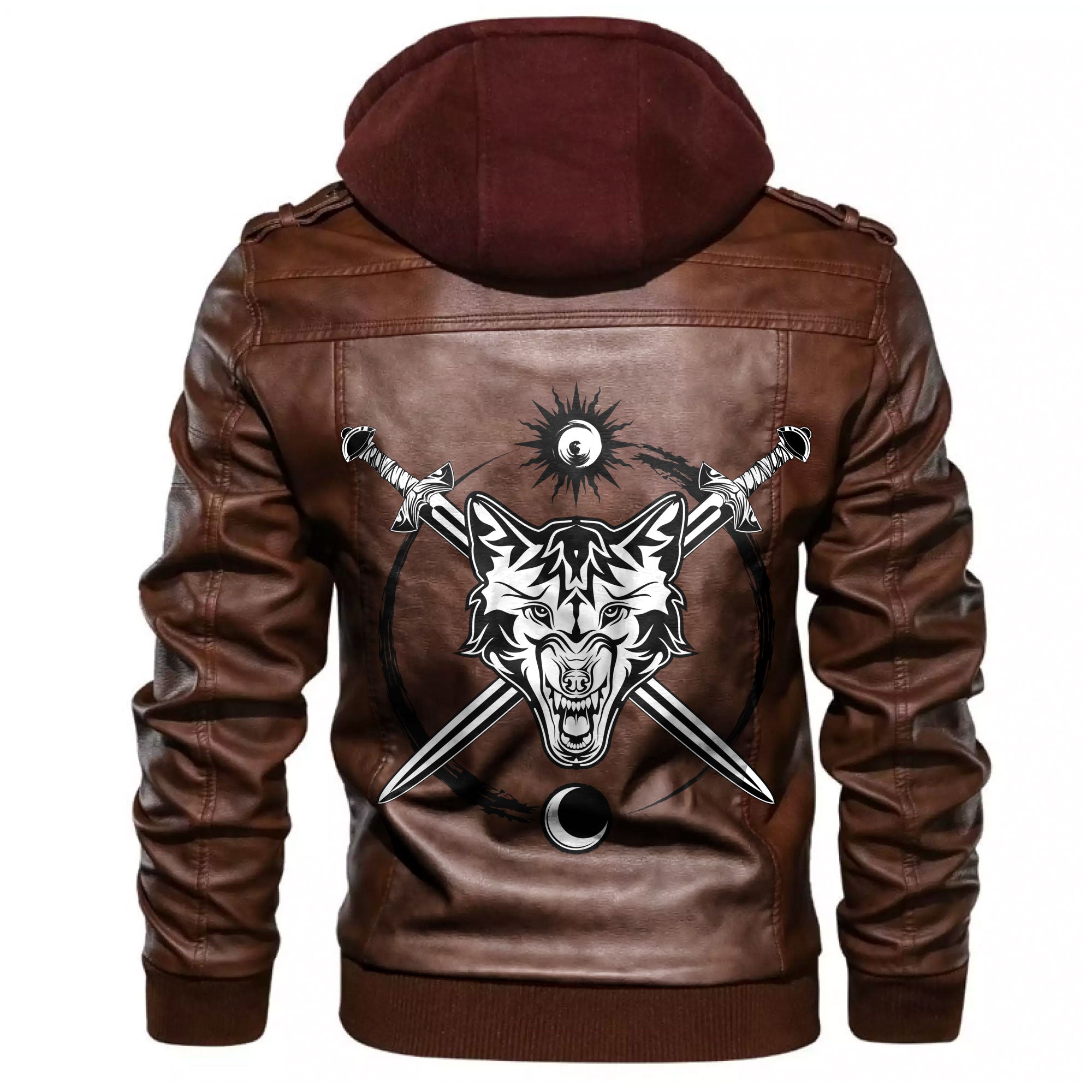 Viking Head Of A Fierce Wolf Against The Background Of Swords Leather Jacket RLT12 - Wonder Print Shop