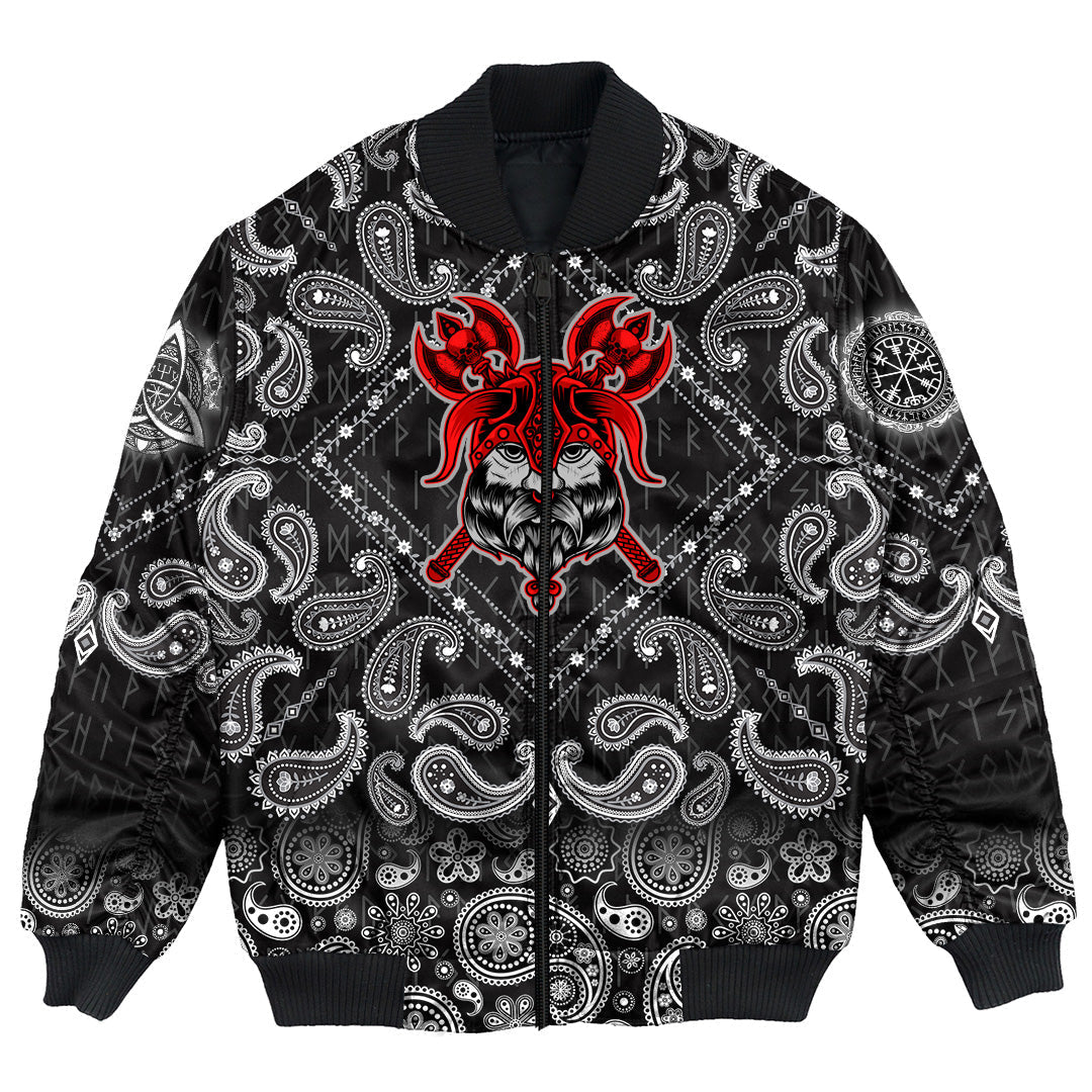 Viking Bomber Jacket Head On Black with Bandana Paisley Style RLT12 - Wonder Print Shop
