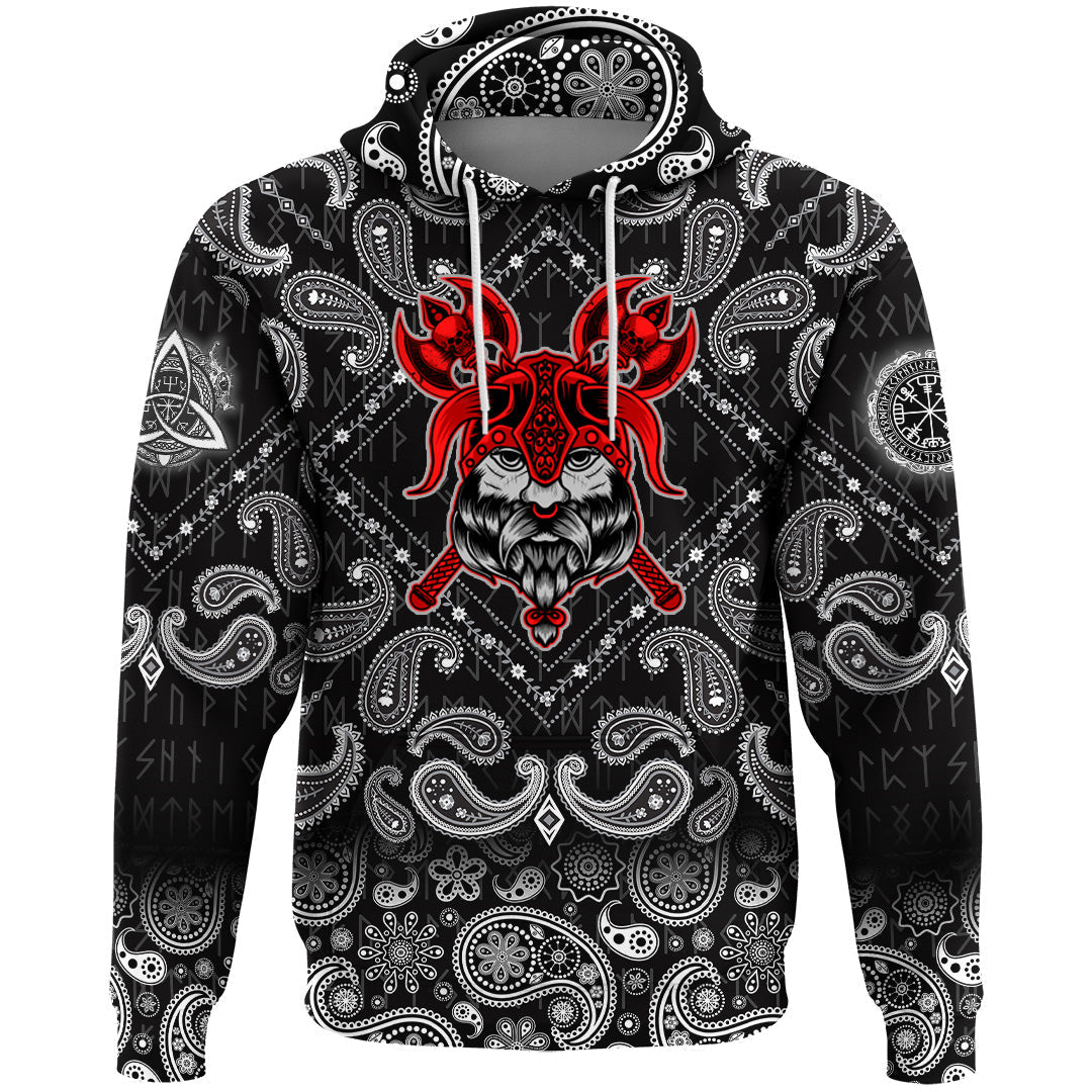 Viking Hoodie Head On Black with Bandana Paisley Style RLT12 - Wonder Print Shop