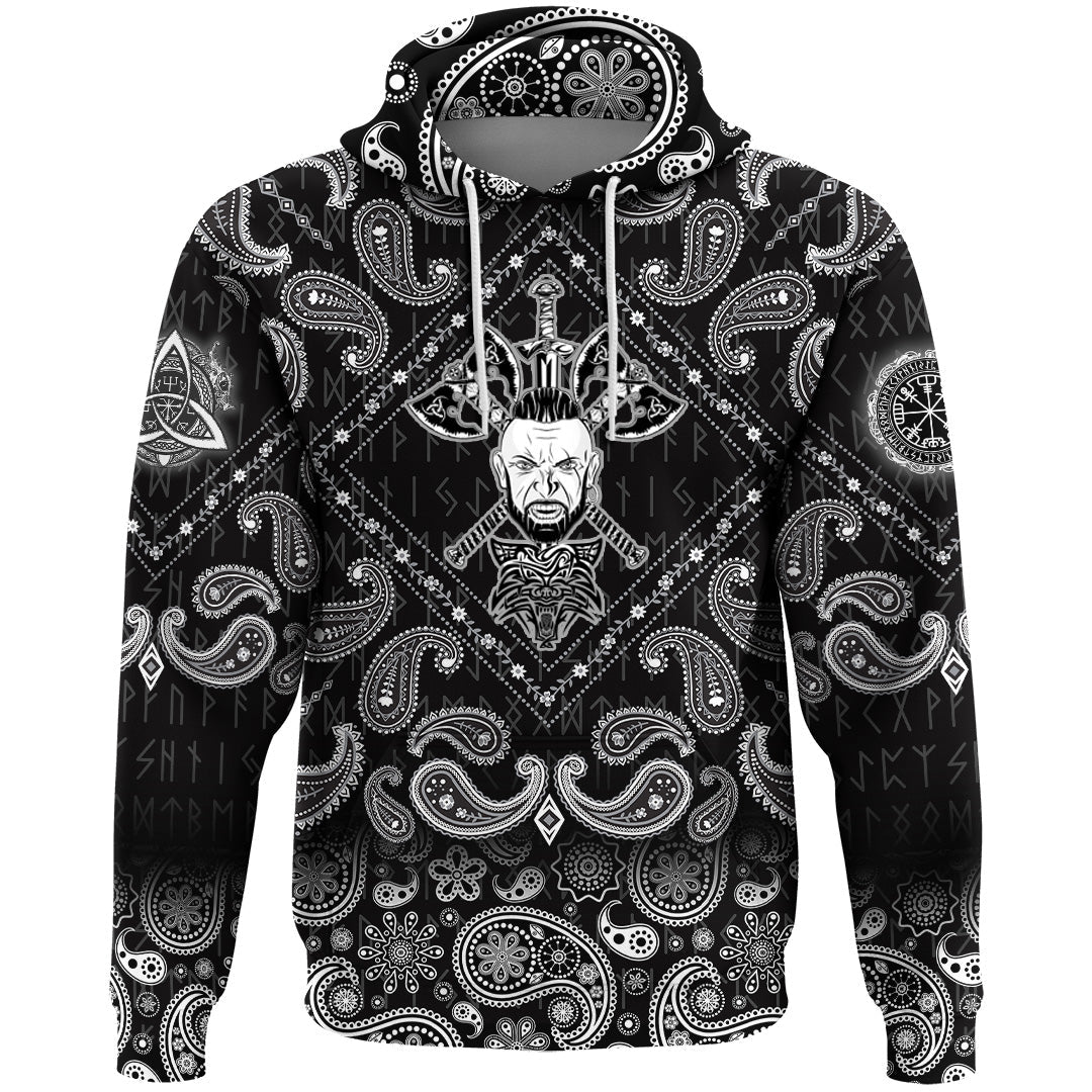 Viking Hoodie Head Two Battle Axes and Sword with Bandana Paisley Style RLT12 - Wonder Print Shop