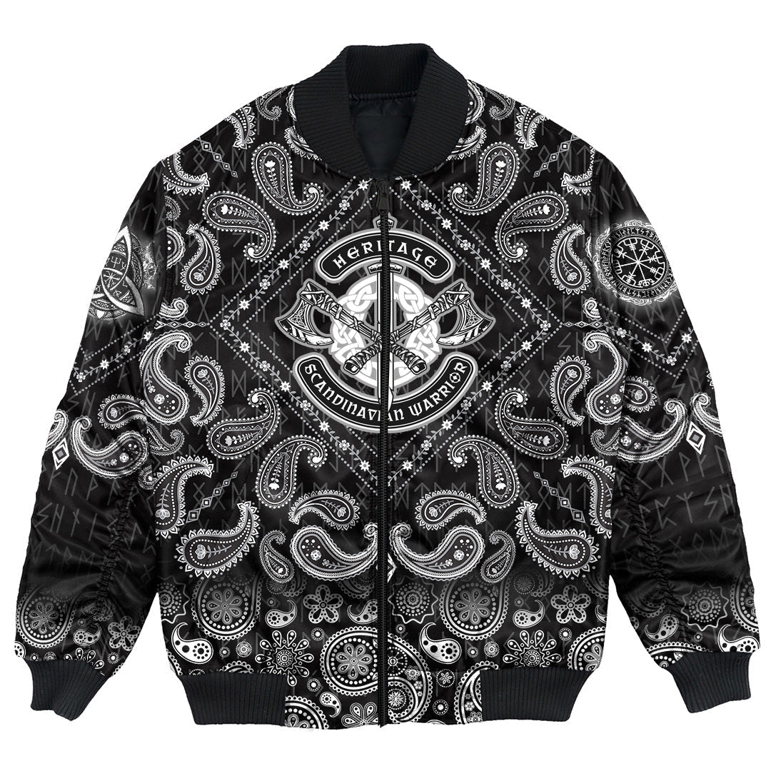 Viking Bomber Jacket Heritage Scandinavian Warrior with Bandana Paisley Style RLT12 - Wonder Print Shop