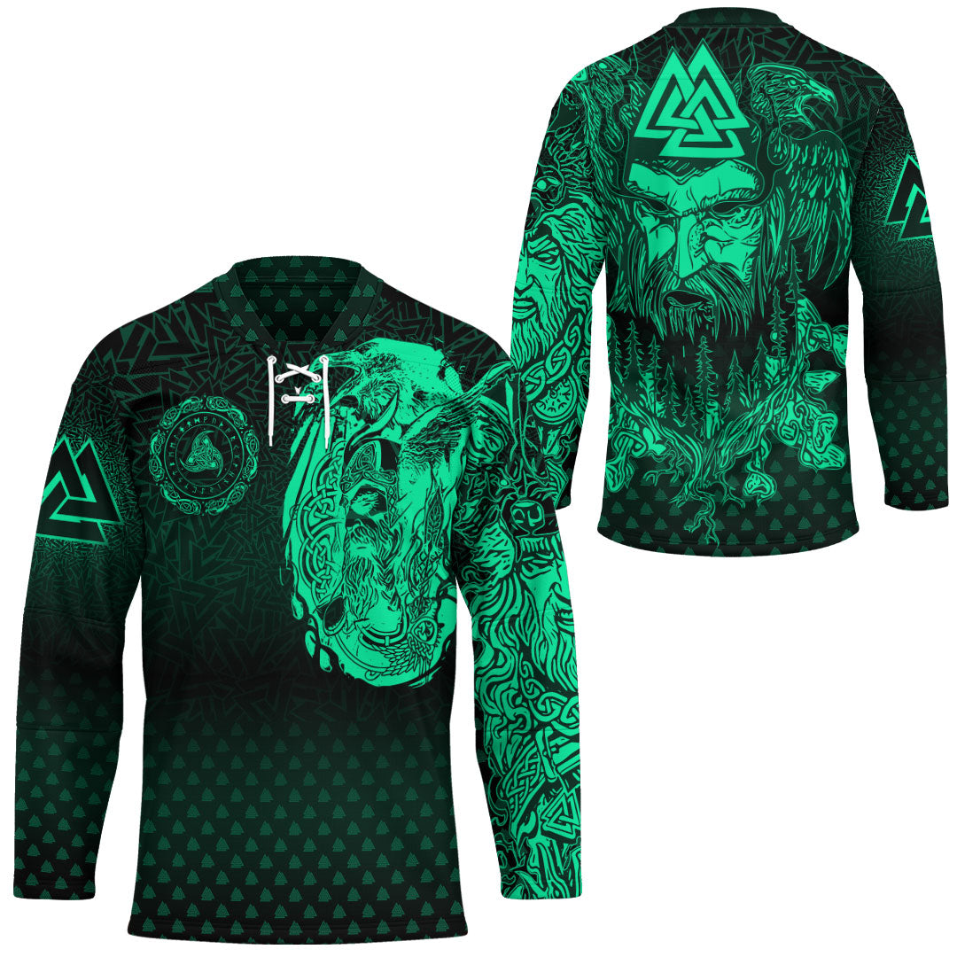 viking-clothing-viking-odin-raven-tattoo-style-green-version-hockey-jersey