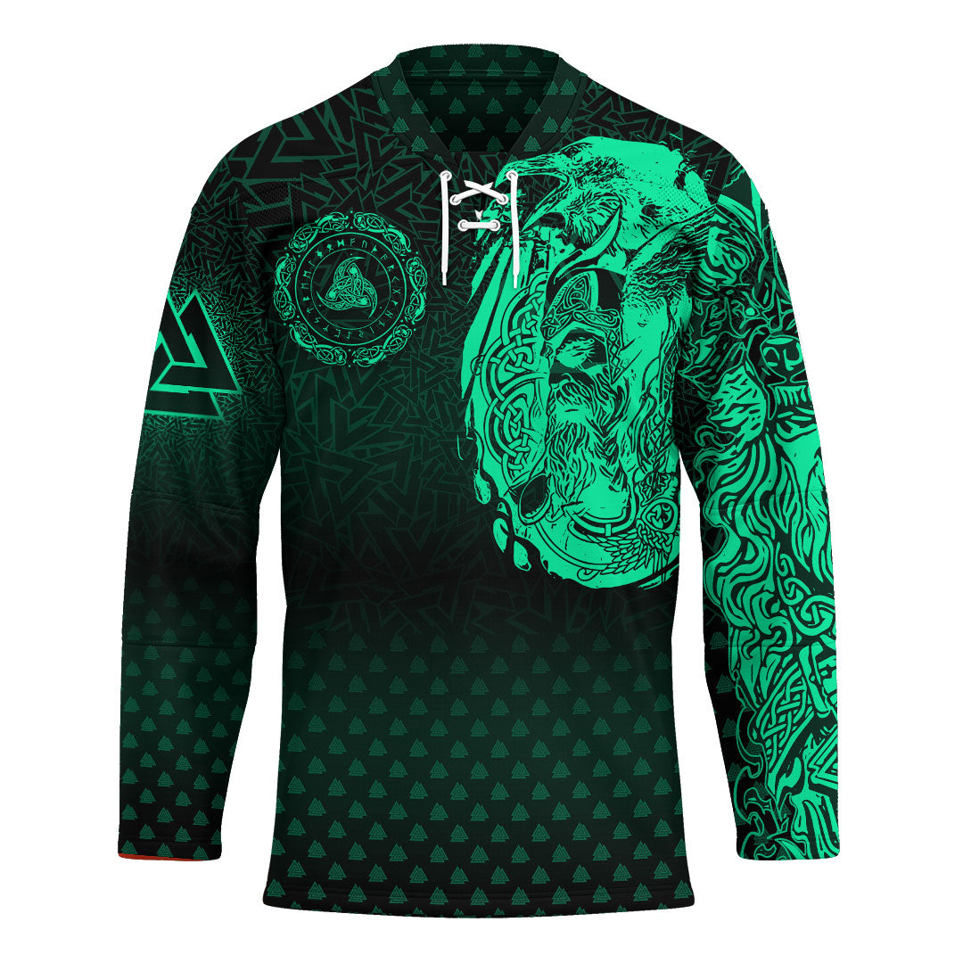 viking-clothing-viking-odin-raven-tattoo-style-green-version-hockey-jersey