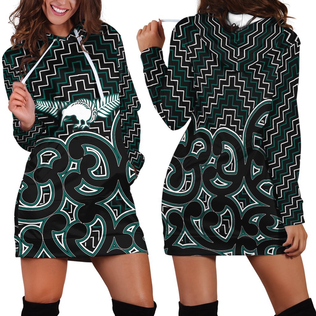New Zealand Hoodie Dress Maori Graphic Tee patterns Green LT6 - Wonder Print Shop