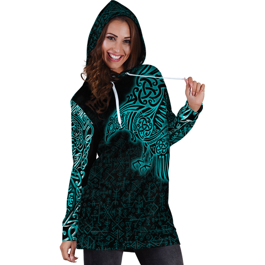 Viking Hoodie Dress Raven Mjolnir Yggdrasil Cyan RLT12 - Wonder Print Shop
