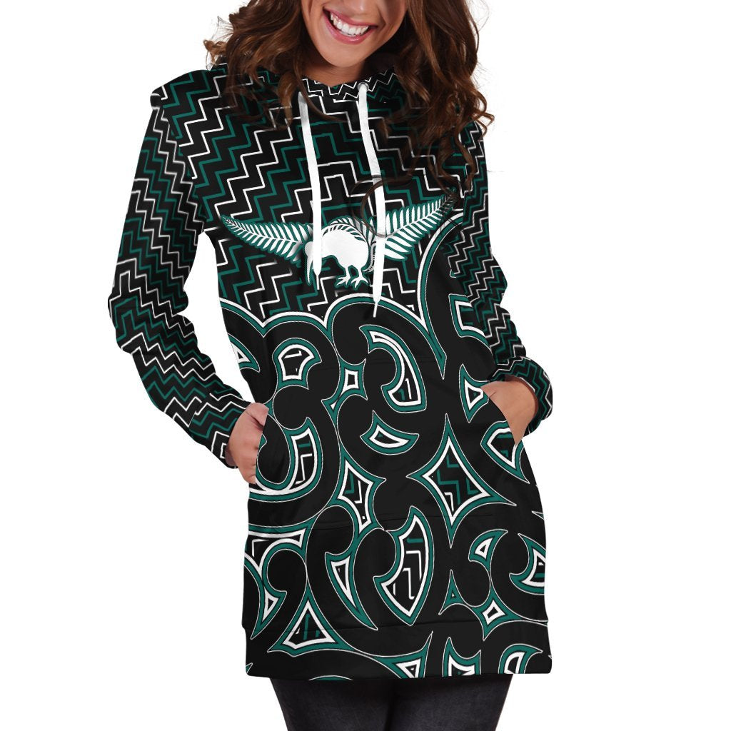 New Zealand Hoodie Dress Maori Graphic Tee patterns Green LT6 - Wonder Print Shop