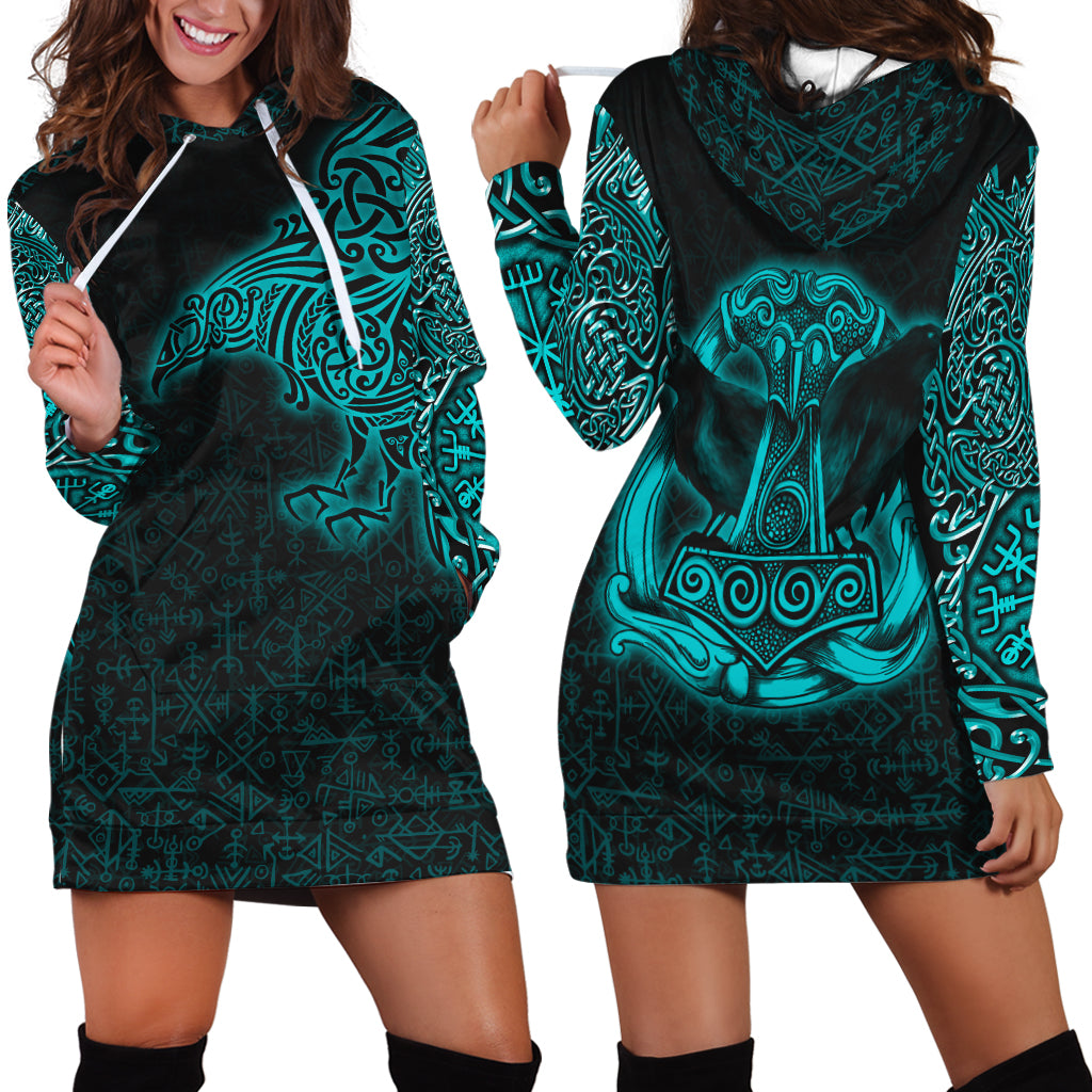 Viking Hoodie Dress Raven Mjolnir Yggdrasil Cyan RLT12 - Wonder Print Shop