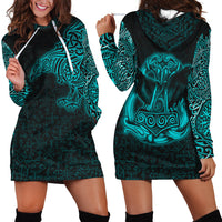 Viking Hoodie Dress Raven Mjolnir Yggdrasil Cyan RLT12 - Wonder Print Shop