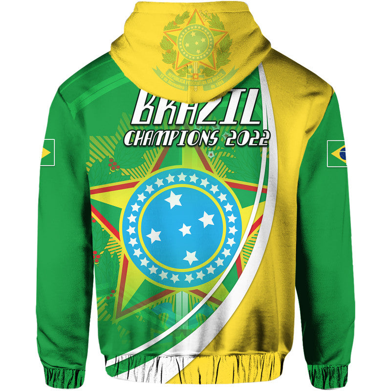 Back of Brazil football hoodie in green and yellow with Champions 2022 text and crest