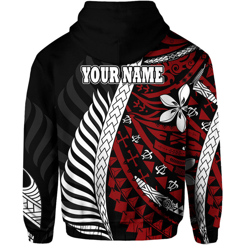 Black hoodie back with YOUR NAME text, red tribal print, and white swirls.