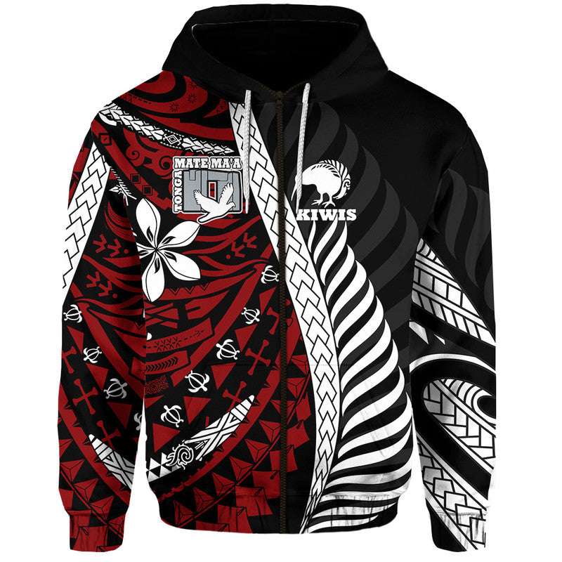 Black hoodie with red front panel, white kiwi logo, and geometric sleeve stripes.