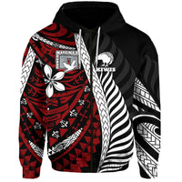 Black hoodie with red front panel, white kiwi logo, and geometric sleeve stripes.