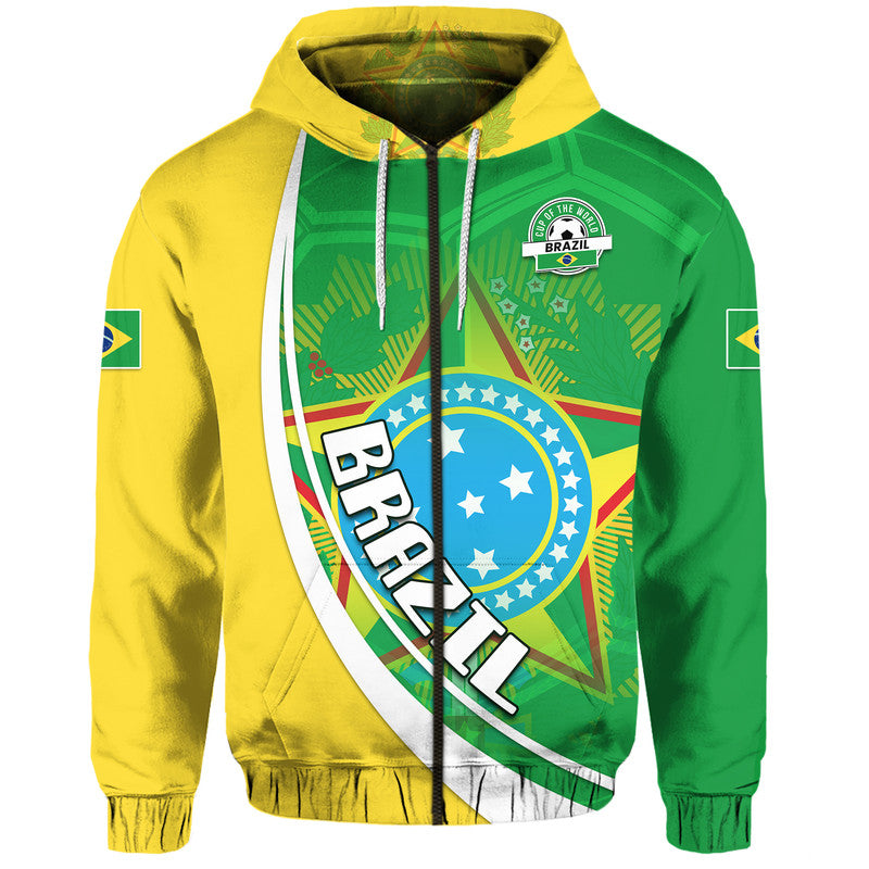 Brazil football hoodie, green and yellow with sleeve flag patches and front crest, drawstring hood