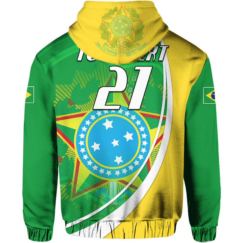 Brazil football pullover hoodie back with number 27 and circular emblem, green/yellow