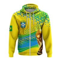 Yellow pullover hoodie with white drawstrings, Brazil crest, geometric print, trophy graphic