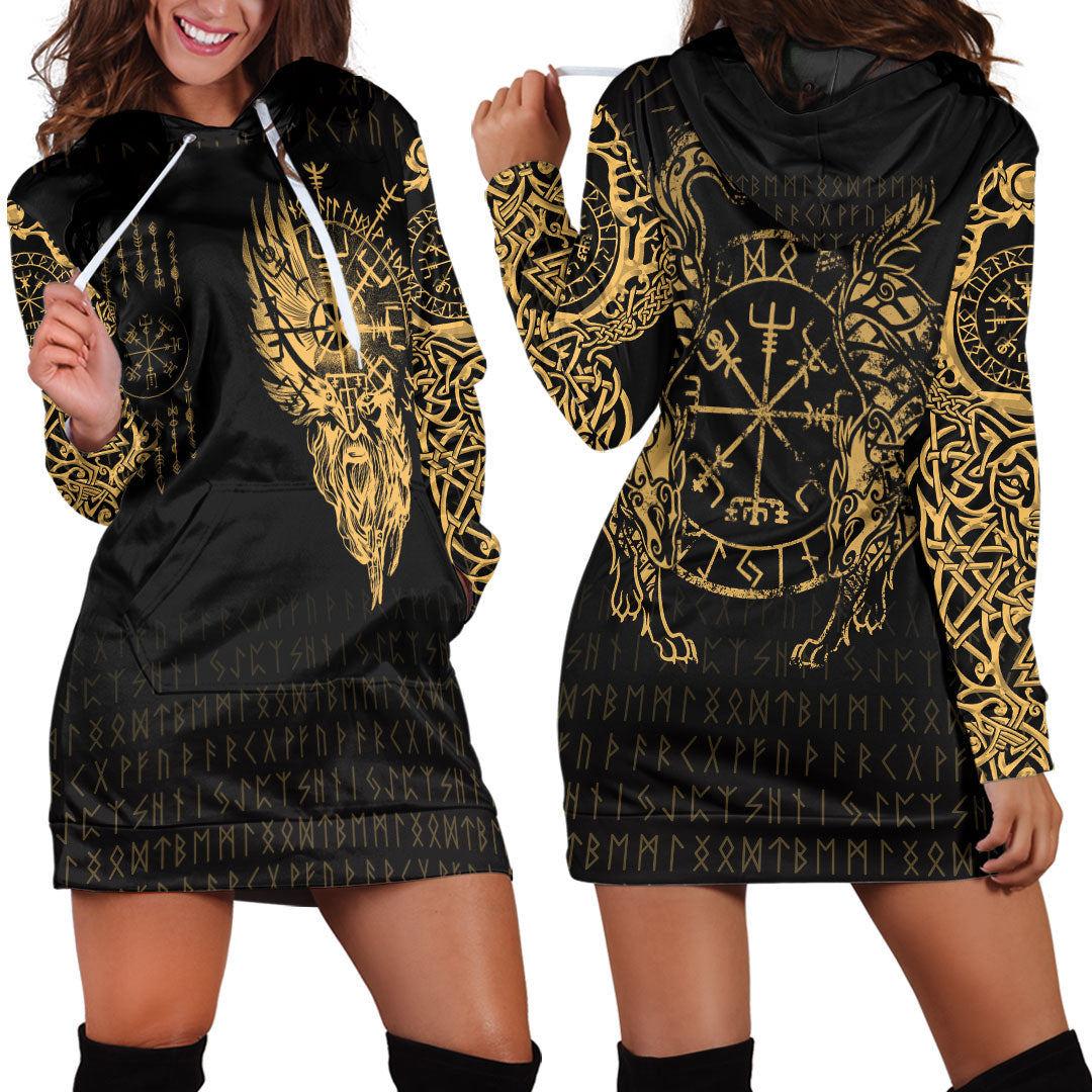 Viking Clothing Viking Compass Vegvisir Tattoo Gold Version Hoodie Dress RLT12 - Wonder Print Shop