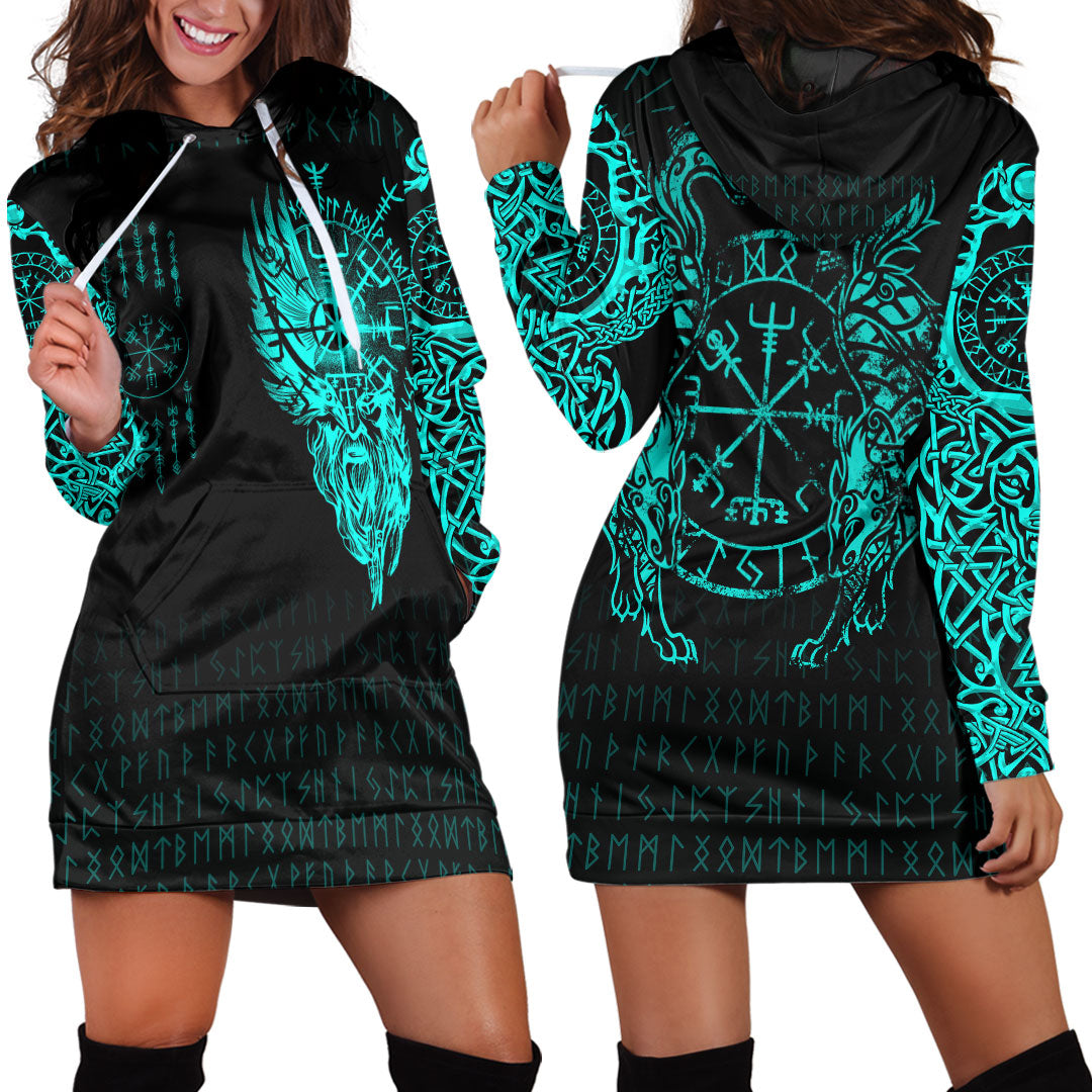 Viking Clothing Viking Compass Vegvisir Tattoo Cyan Version Hoodie Dress RLT12 - Wonder Print Shop