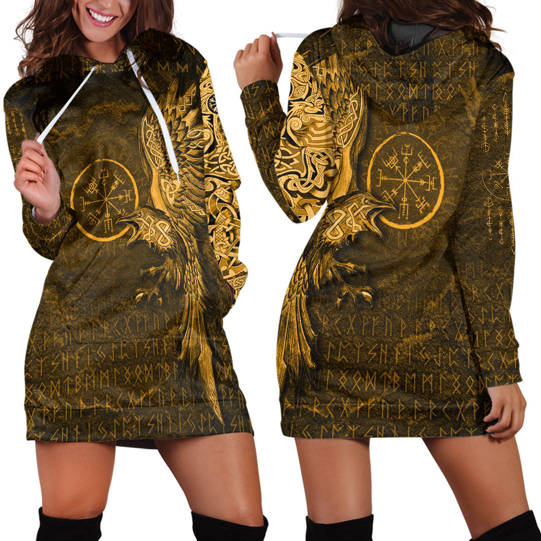 Viking Clothing Vegvisir With Raven Viking Compass Gold Version Hoodie Dress RLT12 - Wonder Print Shop