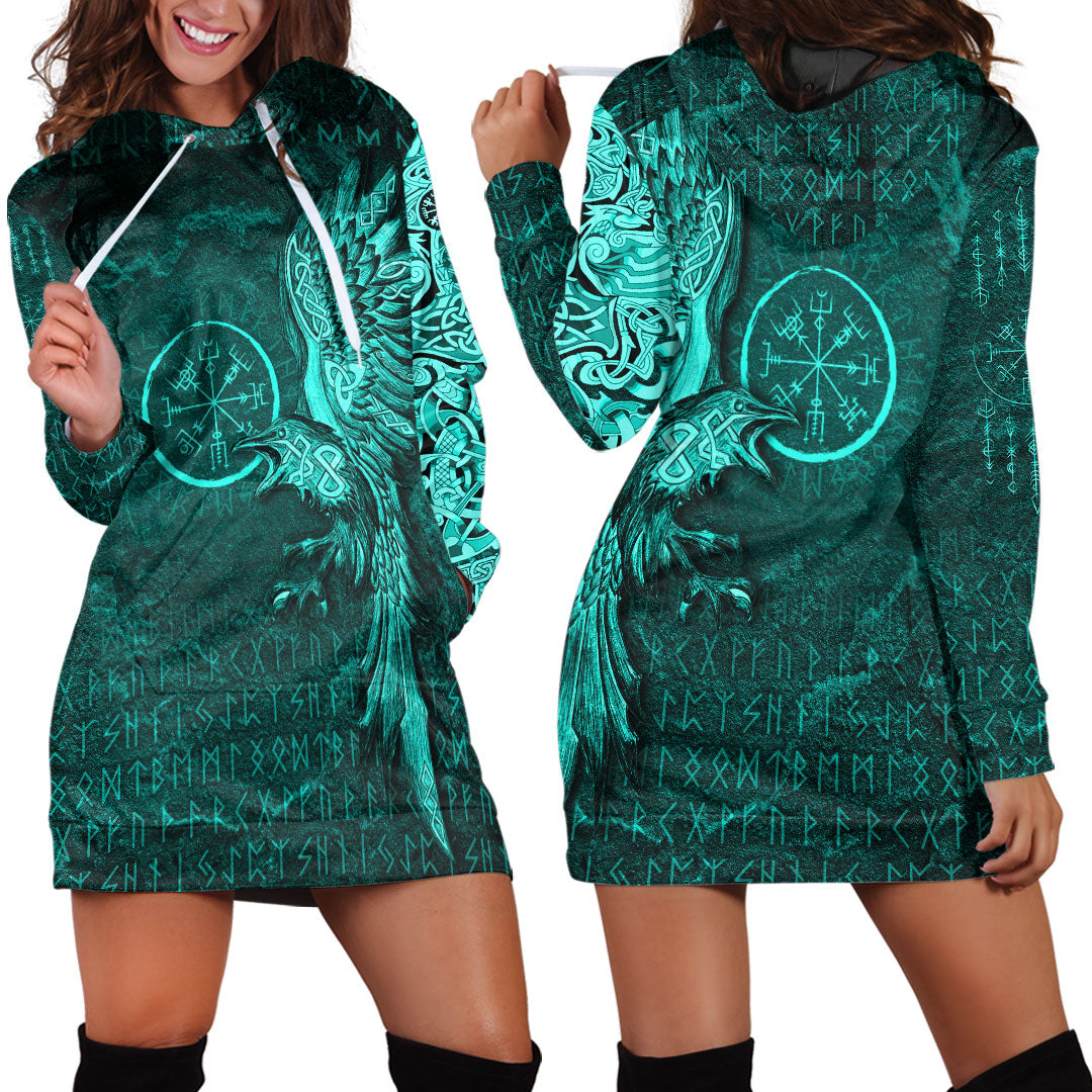Viking Clothing Vegvisir With Raven Viking Compass Hoodie Dress Cyan Version RLT12 - Wonder Print Shop