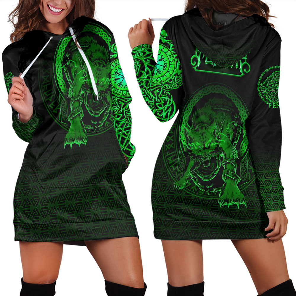 Viking Clothing Viking Fenrir Norse 3D Green Hoodie Dress RLT12 - Wonder Print Shop