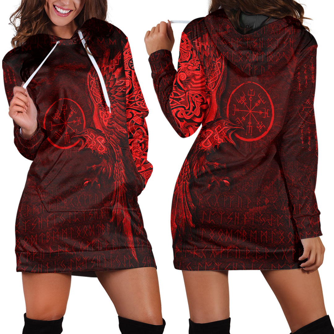 Viking Clothing Vegvisir With Raven Viking Compass Hoodie Dress Red Version RLT12 - Wonder Print Shop