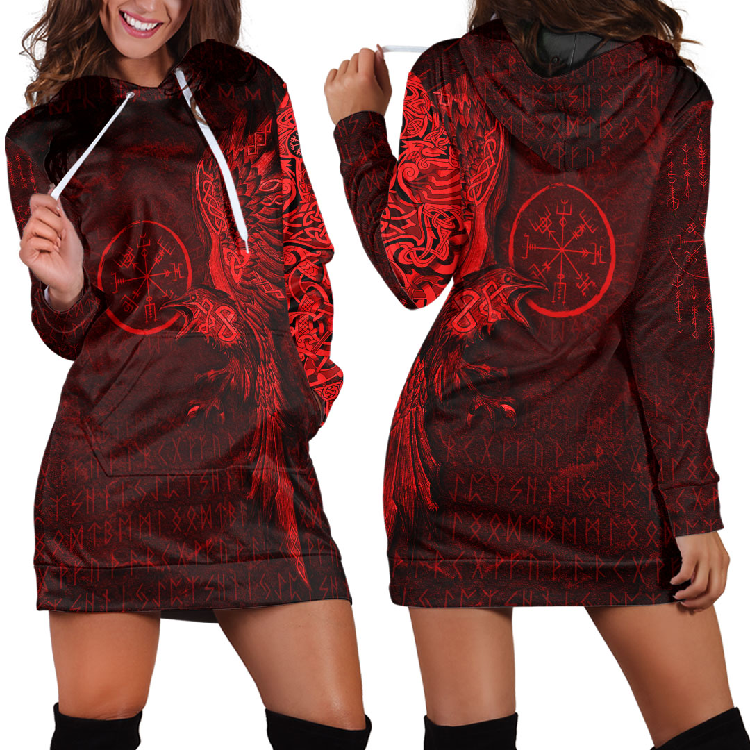viking-clothing-vegvisir-with-raven-viking-compass-hoodie-dress-red-version