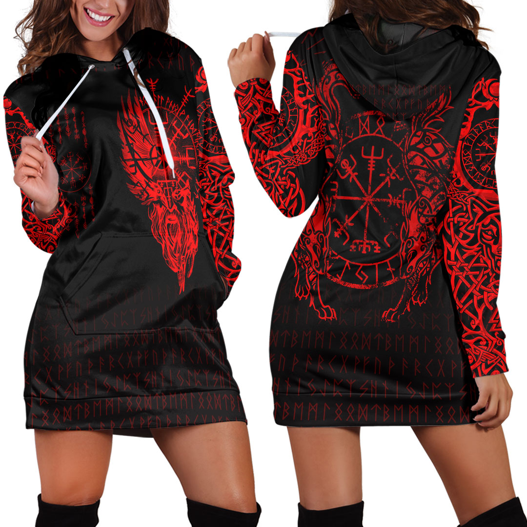 Viking Clothing Viking Compass Vegvisir Tattoo Red Version Hoodie Dress RLT12 - Wonder Print Shop
