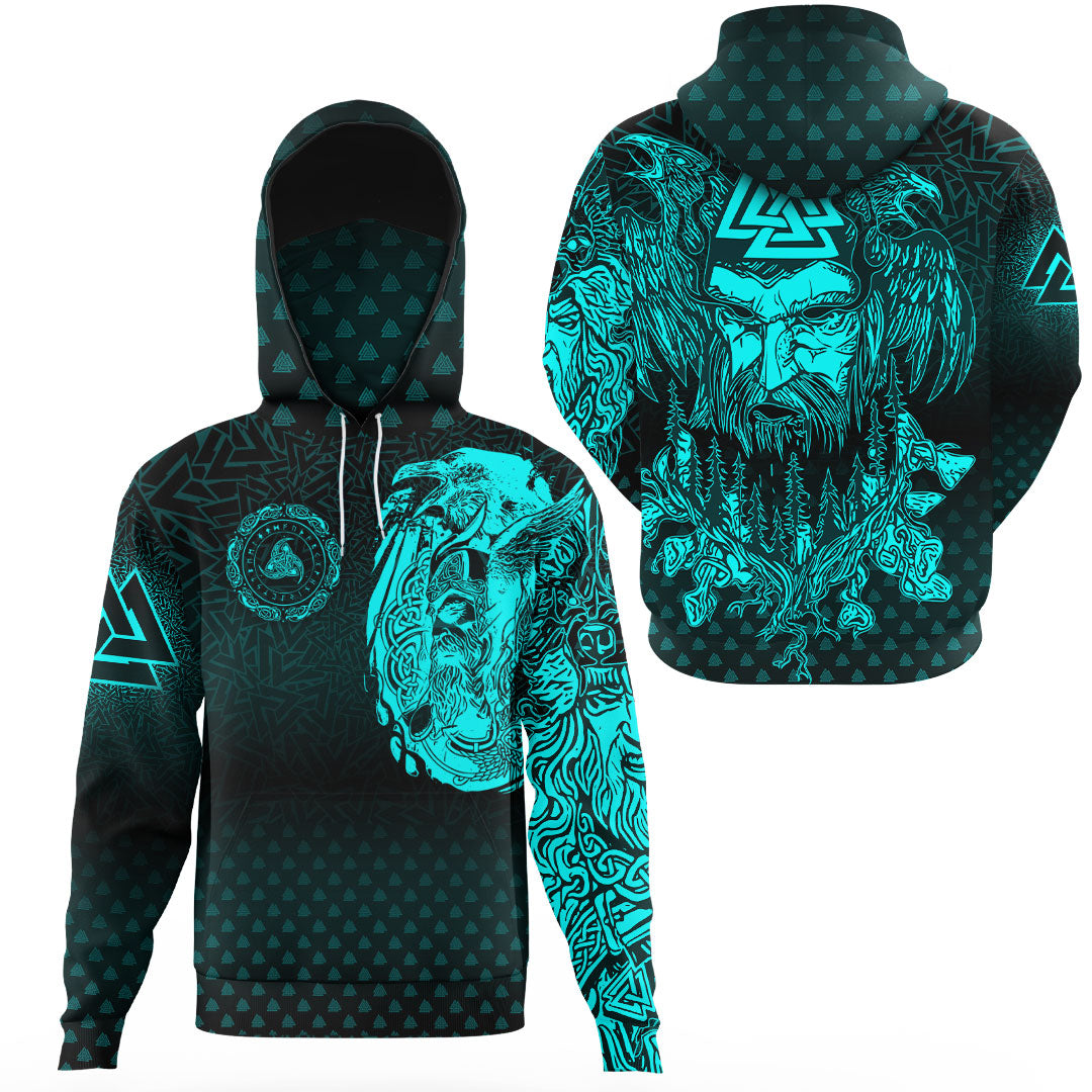 Viking Clothing Viking Odin Raven Tattoo Style Cyan Version Gaiter Hoodie RLT12 - Wonder Print Shop
