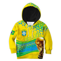Kids yellow graphic hoodie with hood; Brazil crest, BRAZIL print, blue-green pattern, trophy