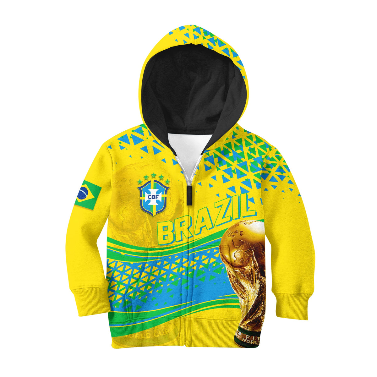 Kids yellow graphic hoodie with hood; BRAZIL text, CBF crest, blue-green swoosh, trophy