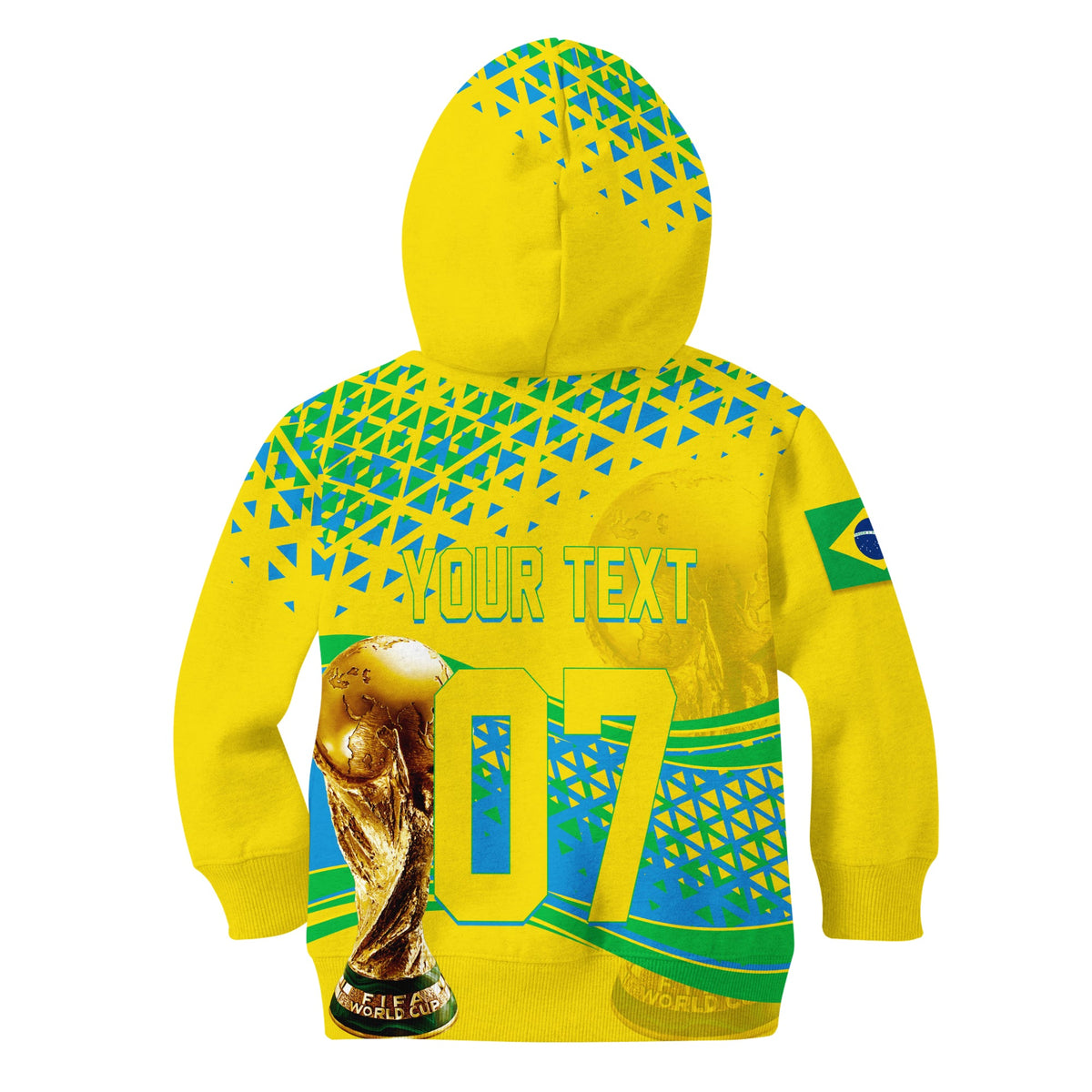 Kids yellow back graphic hoodie with hood; large 07, YOUR TEXT, Brazil flag sleeve badge, trophy