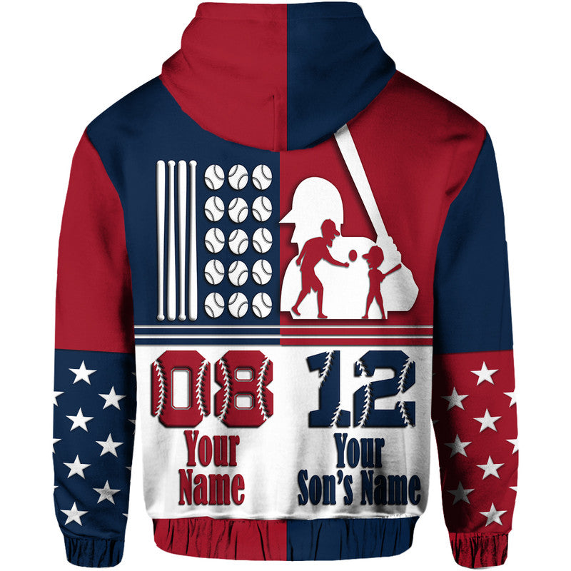 Custom Fathers Day Hoodie America Dad and Son Baseball Player Mixed Blue and Red - Wonder Print Shop