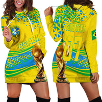 Yellow hoodie dress with green-blue Brazil print, hood drawstrings, front pocket