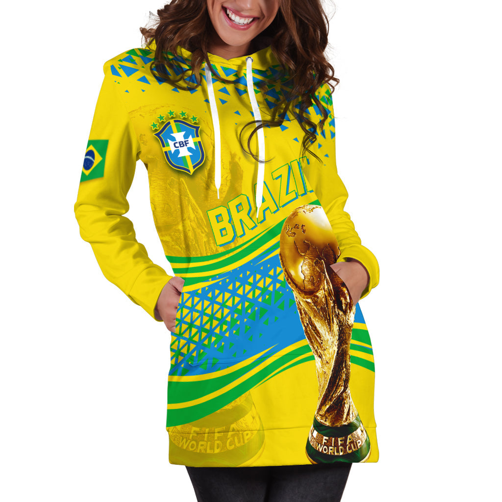 Yellow Brazil hoodie dress with CBF badge, hood drawstrings, front pouch pocket