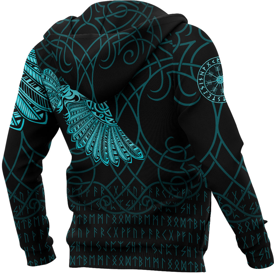 Custom Viking Hoodie Odins Celtic Ravens Cyan Version Tattoo Hoodie RLT12 - Wonder Print Shop