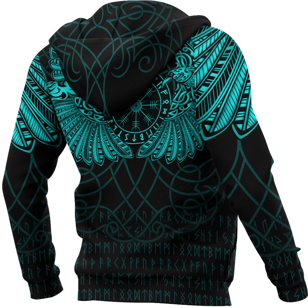 Custom Viking Hoodie Odins Celtic Two Ravens Cyan Version Raven Tattoo RLT12 - Wonder Print Shop