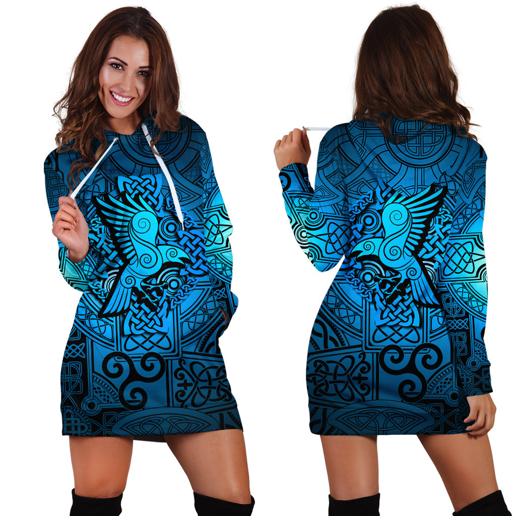 Viking Hoodie Dress Raven Odin Celtic Cyan RLT12 - Wonder Print Shop