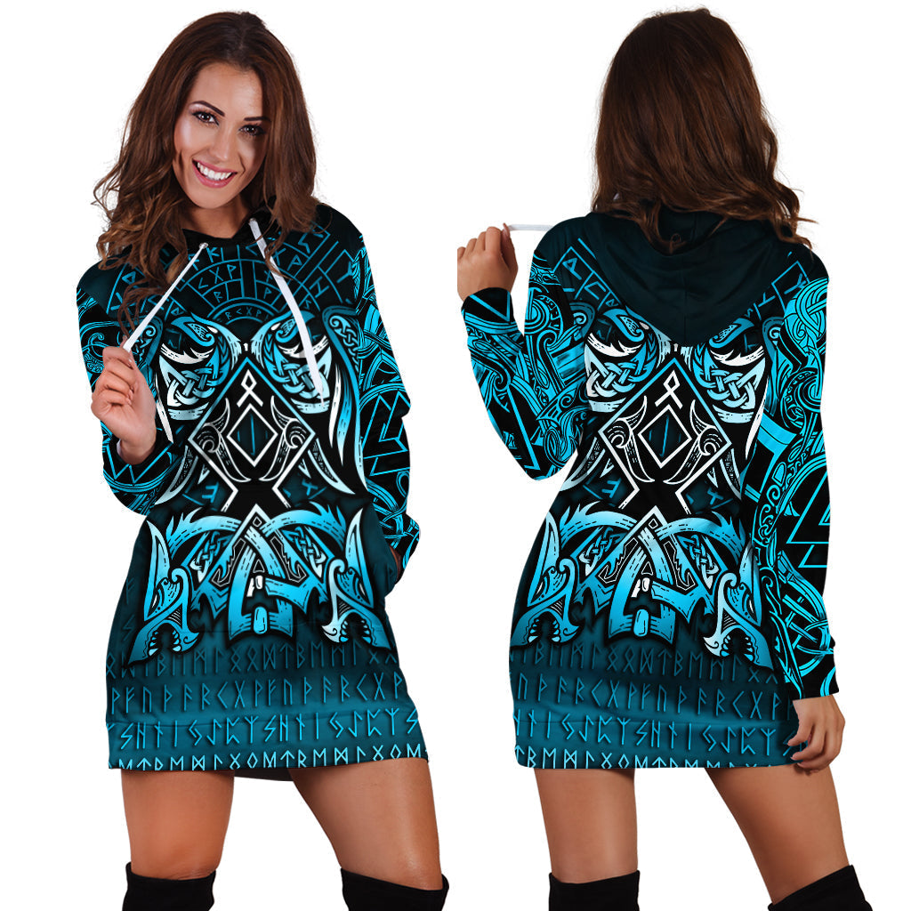 Viking Hoodie Dress Othala and Raven Blue RLT12 - Wonder Print Shop