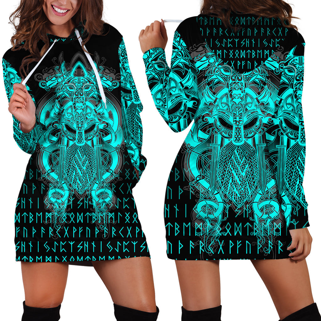 Viking Tyr Tattoo Cyan Hoodie Dress RLT12 - Wonder Print Shop
